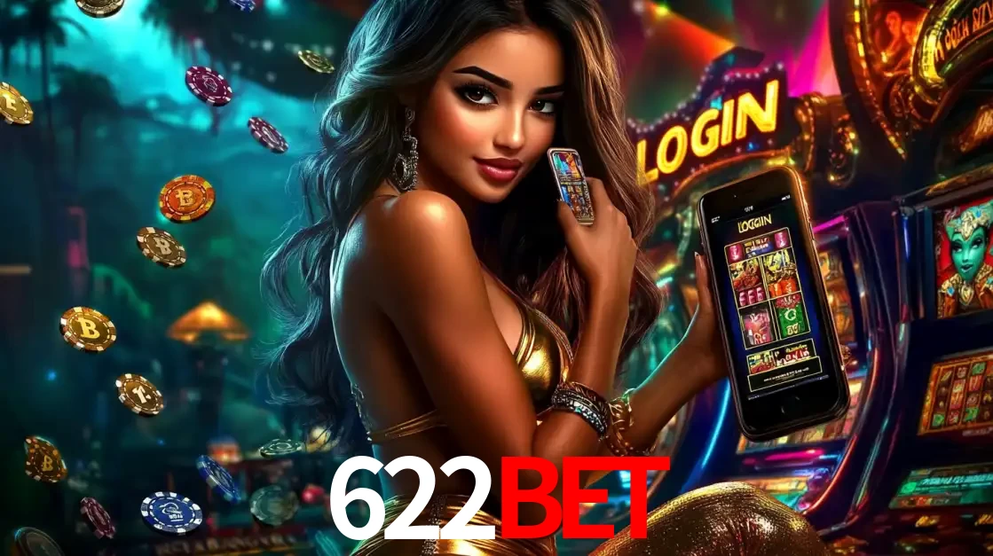 Mulher em um cenário de cassino temático de aventura, mostrando o app de caça-níqueis da 622BET no celular. Fichas de apostas flutuam ao redor.