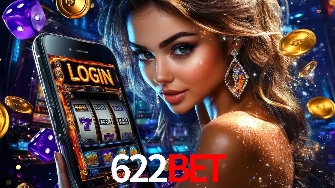 Mulher glamorosa segurando um smartphone com a tela de login para os jogos de caça-níqueis do cassino online 622BET, com moedas de ouro e dados ao redor.