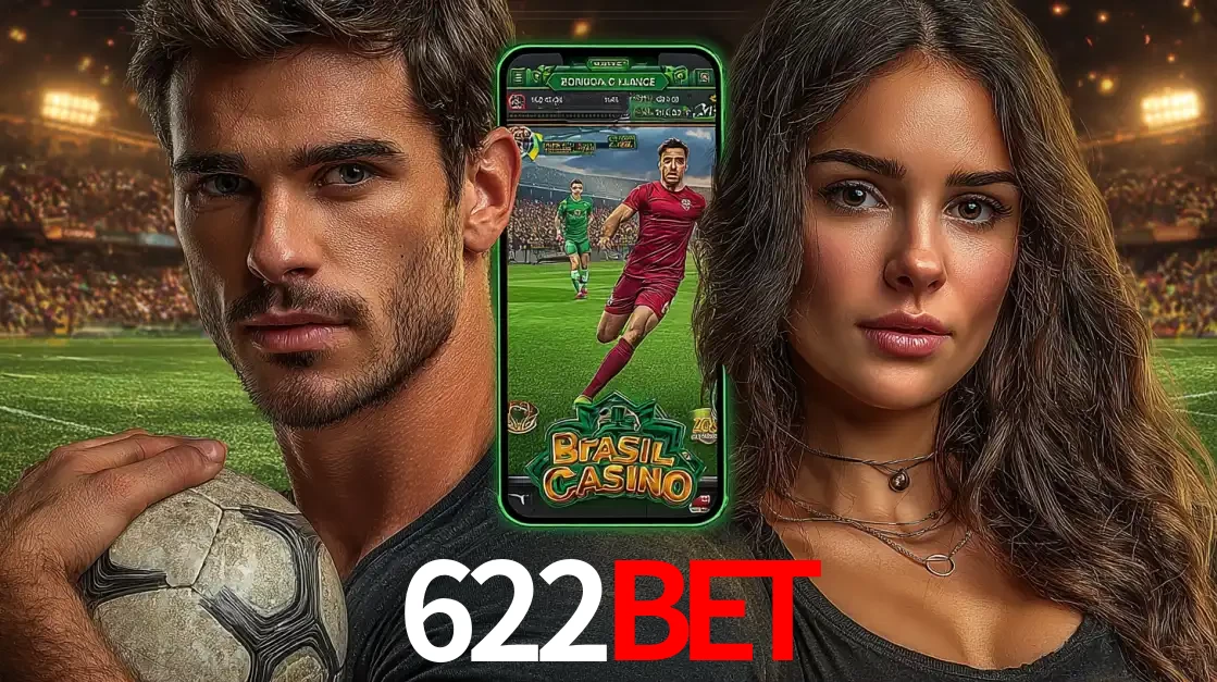 Homem segurando uma bola de futebol e uma mulher ao lado de um smartphone exibindo o jogo de apostas esportivas da 622BET. Faça seu palpite no cassino online.